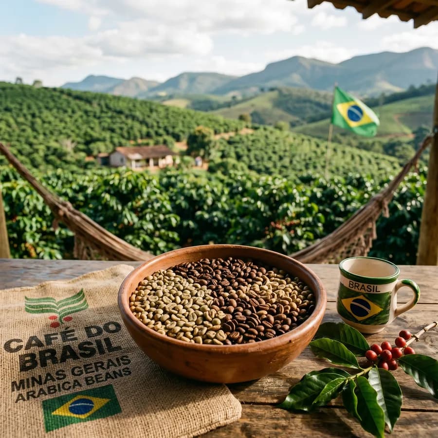 Single origin Brazilian roasted coffee beans in a burlap sack